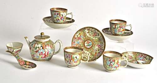 A 20th Century Chinese polychrome Canton enamel decorated part tea set, with figures in