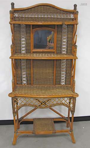 A contemporary rattan shelf unit/hall stand, with mirrored back, 90cm x 36cm x 183cm