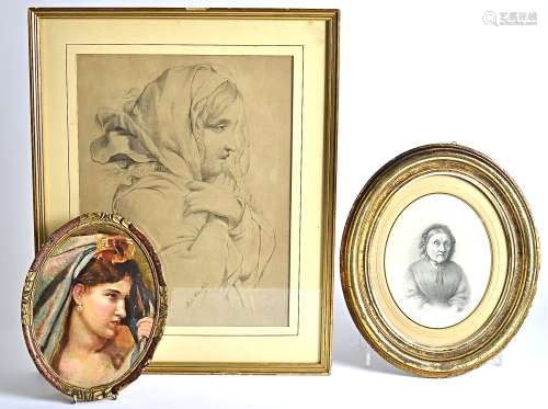 Two late 19th/early 20th Century pencil drawings, an elderly woman wearing a bonnet, monogram (lower