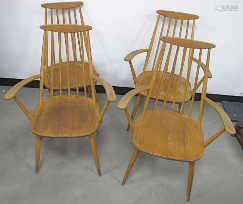 A set of four 20th Century blonde beech Ercol style stick back armchairs, (one AF) (4)