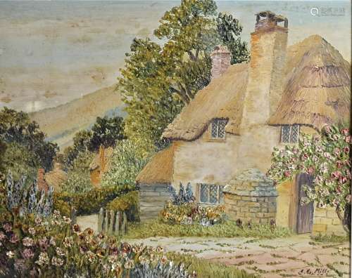 Three contemporary oil paintings, consisting of a mixed media on board, country cottage surrounded