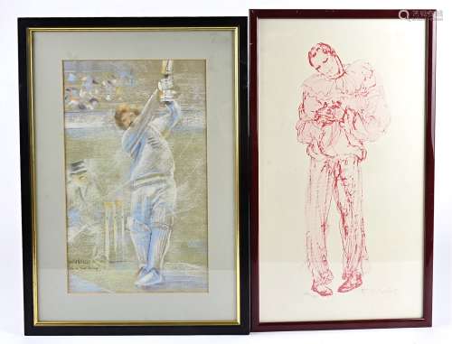 David Belcher 20th Century pastel drawing, a cricket player batting at the stumps, signed and titled
