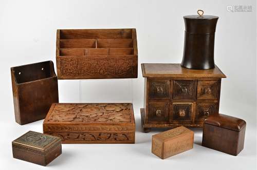 A fruitwood cigarette box, height 10cm, together with a cylindrical pot, a sectional spice box and