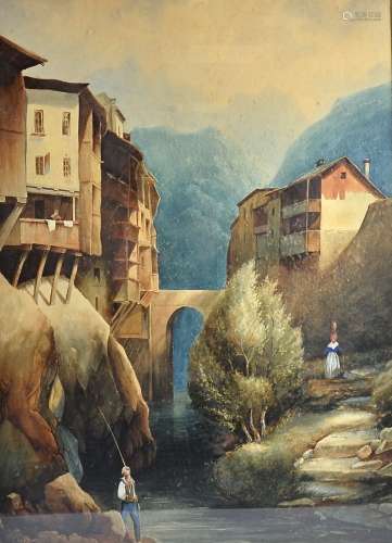 19th Century watercolour on paper, village in the mountains with a river running beneath a bridge,