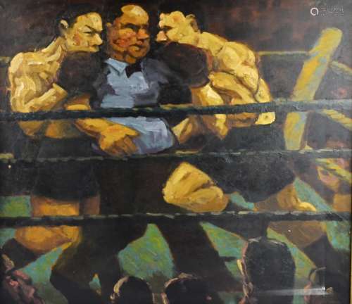 20th Century oil on canvas, two boxers and a referee in a ring, signed (lower right) 'G. R. Wyame,