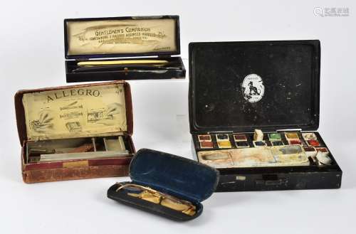 Two cut throat razors, a pair of spectacles and a paint set (4)
