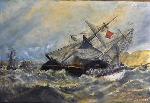20th Century oil on board, maritime scene of a sinking vessel, signed (lower right) 'H. C. Goodwin',