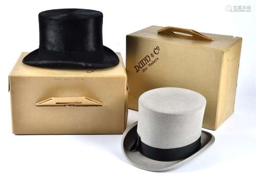 Two top hats both marked 7 1/8, both G. A, Dunn & Co, one grey, one black, together with three