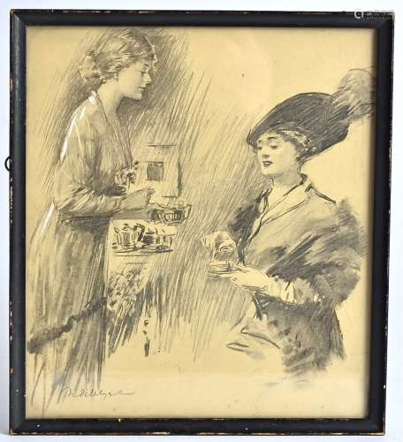 A pencil sketch of two Edwardian ladies, captured in the act of taking tea, indistinct signature