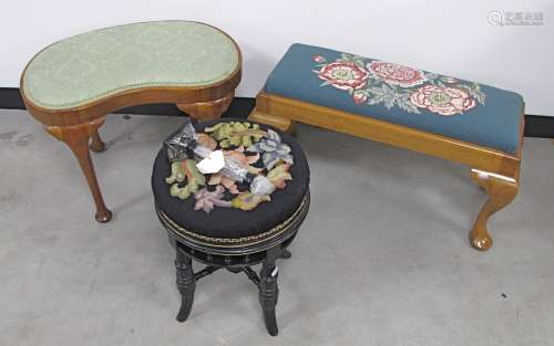 A rectangular walnut stool, with tapestry top, with floral decoration, raised on cabriole