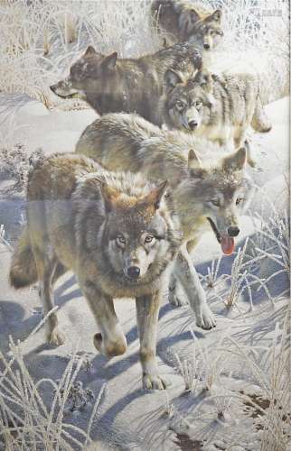 Brent Townsend (1962-) limited edition print, a pack of wolves in the snow, signed and numbered in