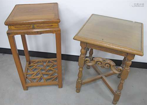 An Asian/Chinese hardwood table, with a single drawer with lattice under tier, together with an