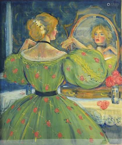 A 19th Century watercolour on paper, a woman looking in a mirror and dressing herself, signed and