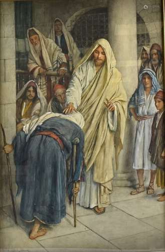 Harold Copping (1863-1932) watercolour biblical illustration, The Crippled Woman', based on The