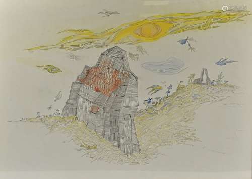 1960's watercolour and pencil on paper, surreal landscape, signed and dated in pencil (lower