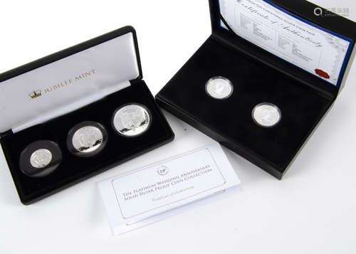 A modern set of three commemorative proof like coins, titled The Platinum Wedding Anniversary