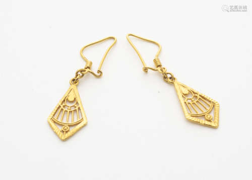 A pair of continental yellow metal earrings, of pierced lozenge shape, with hoop backs marked 916,