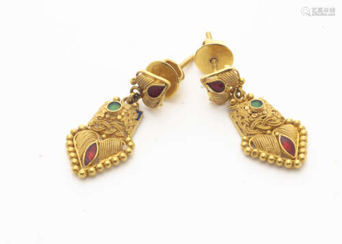 A pair of continental yellow metal filigree drop earrings, decorated with red and green enamel