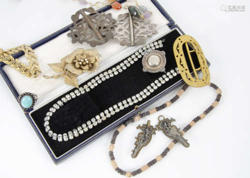 A collection of costume jewellery including a Victorian silver brooch, a simulated turquoise ring,