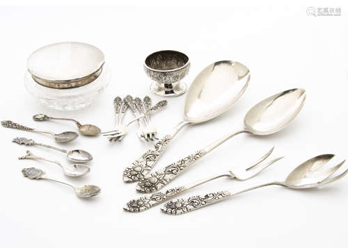 A set of four c1960s Thai silver serving items, together with a set of six small forks, also a Rolex