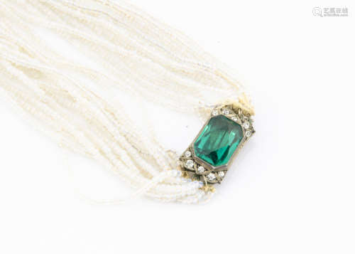 An Art Deco opaline glass bead multi strand necklace, with silver green paste set clasp with