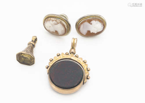 A 19th Century miniature yellow metal and paste set fob, with intaglio engraved Maria, together with