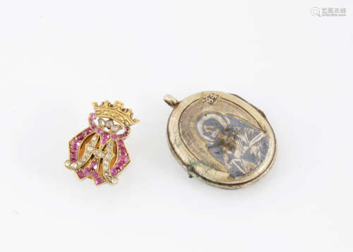 A diamond and ruby Royal Monogram yellow metal lapel pin, initials AM surmounted with a British