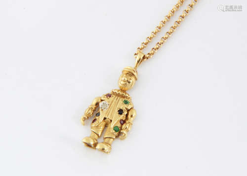 A 9ct gold multi gem set clown pendant and chain, the articulated pendant set with circular cut