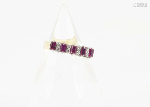 A 14ct gold ruby and diamond half hoop eternity ring, the five step cut/baguette cut rubies