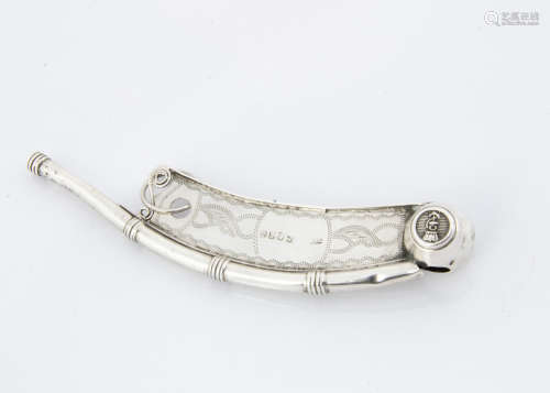 A Victorian silver bosun's whistle by Yapp & Woodward, 12.5cm, with engraved initials, Birmingham