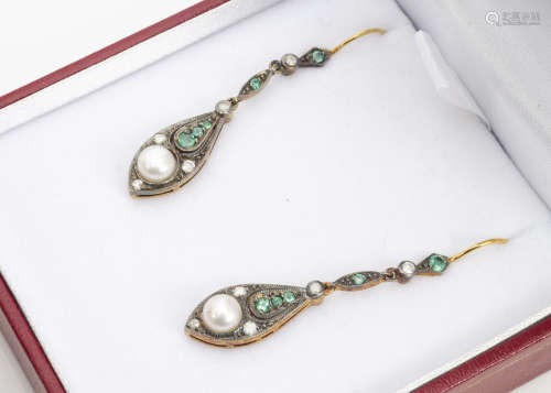 A pair of Edwardian style emerald and pearl drop earrings, the oval drops set with buton pearls,