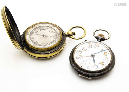 An early 20th century gun metal open faced pocket watch, appears to run, together with a brass T.