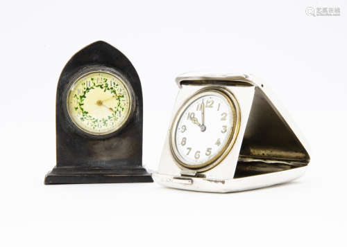 Two small early 20th century British silver clocks, one a folding cased travel clock by Adie Bros,