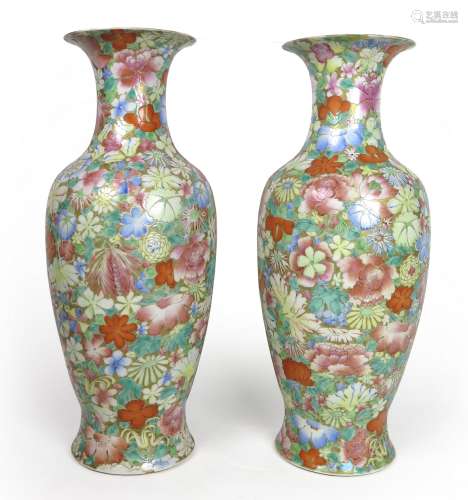Pair Of Chinese Famille Rose Millefleurs Vases