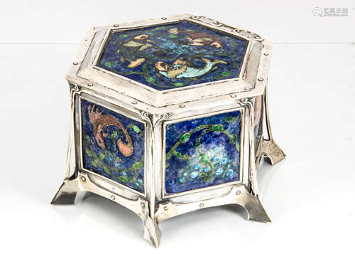 A good Arts & Crafts silver and enamelled casket, hexagonal and of riveted construction, on six