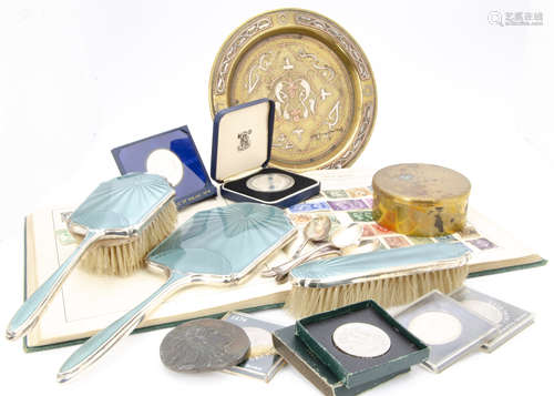 A three piece silver and enamelled dressing set, AF, together with two Malawi silver coins, a US