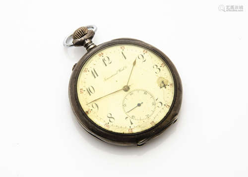 An early 20th century silver pocket watch by International Watch Co, 54mm case marked 900, white