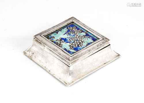 A small Arts & Crafts style square box, with enamelled grape and vine decoration to cover, 8cm