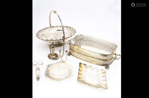 A cased Art Deco silver five piece dressing table set, together with a box of silver plated items