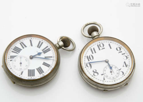 two early 20th century nickel plated Goliath pockets, one a Doxa, appears to run, the other unmarked