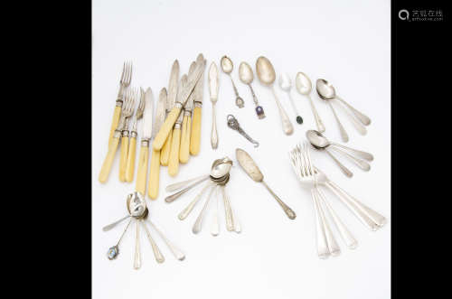 A small quantity of silver plated flatware, four items with silver filled handles, together with a