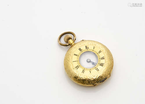 An early 20th century 18ct gold half hunter lady's pocket watch, 30mm engraved case, AF, 25.3g