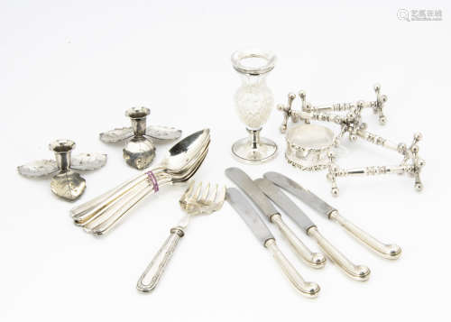 A small collection of silver and silver plate, including a cut glass and silver mounted small
