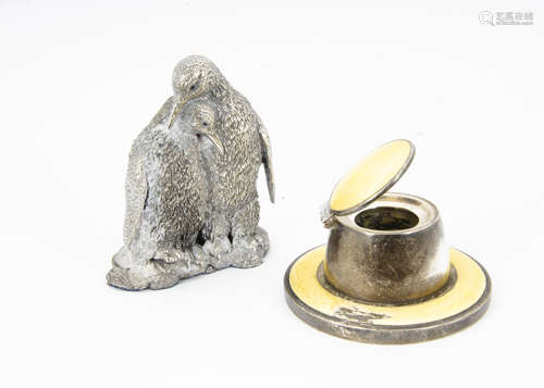 An Art Deco silver and yellow enamel capstan inkwell, AF, together with a modern silver filled group