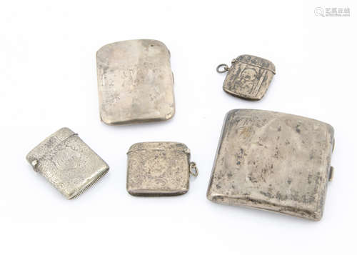 Three late 19th and early 20th century silver vesta cases, together with two silver cigarette