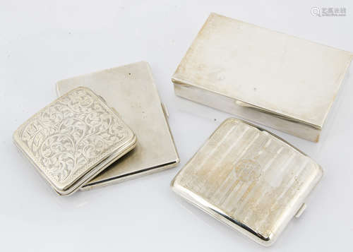 Three silver cigarette cases and a cigarette box, the plain box dating from the Victorian period and