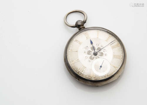 A Victorian silver open faced pocket watch, silvered engraved dial, appears to run