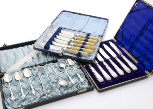 A collection of silver and silver plated flatware and other items, inclluding a boxed set of The