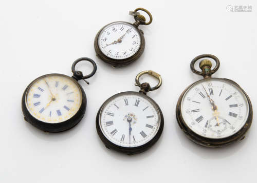 Four Victorian and later silver and white metal ladies open faced pocket watches