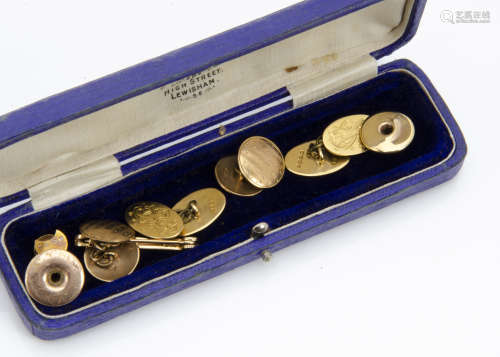 A pair of 18ct gold monogrmmed oval link cufflinks, 8.2g, a pair of 9ct gold circular linked and